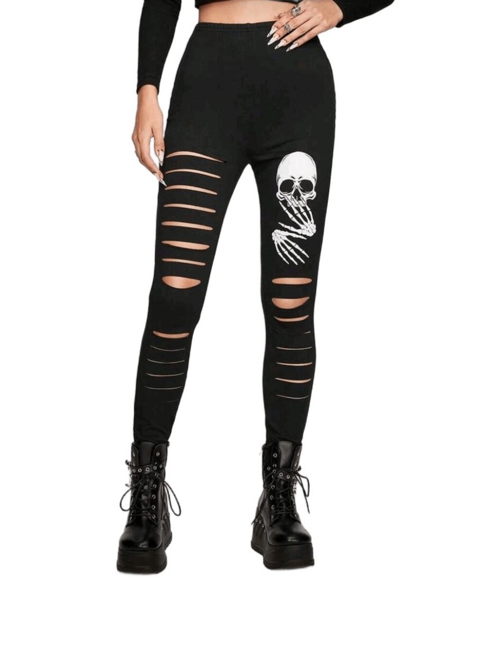 ROMWE Black Distressed Skull Print High-Waist Leggings